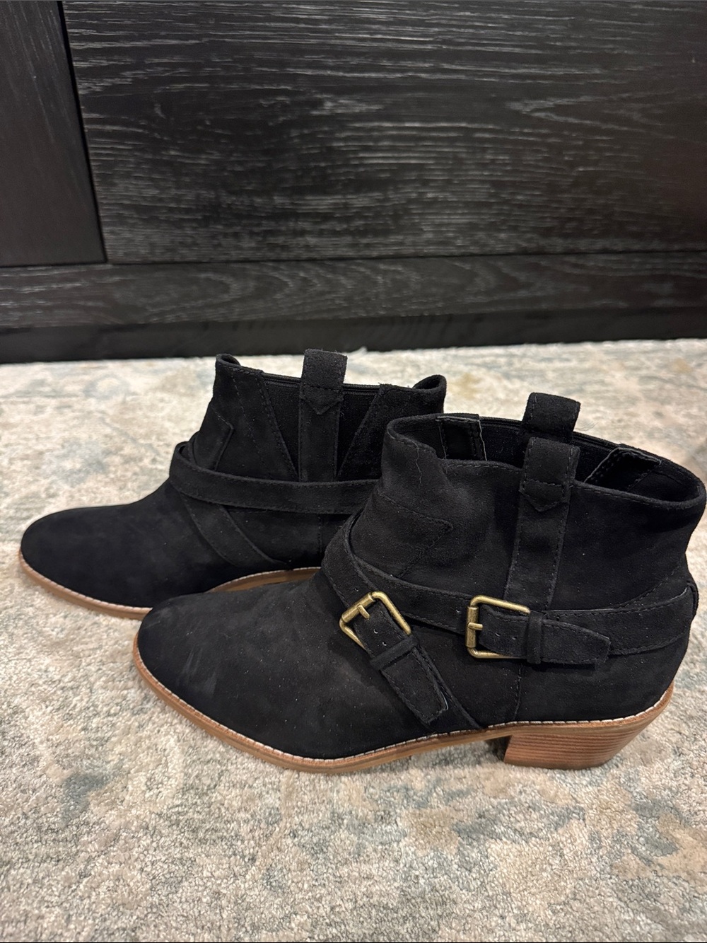 Cole Haan Black Suede Ankle Booties with Buckle Straps - Picture 1 of 7